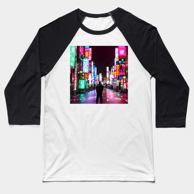 Tokyo Neon Japan - Lovely Night Lights - A Lonely Man Baseball T-Shirt by Trendy-Now